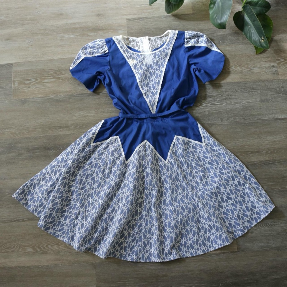 Blue and white lace prairie square dancing dress